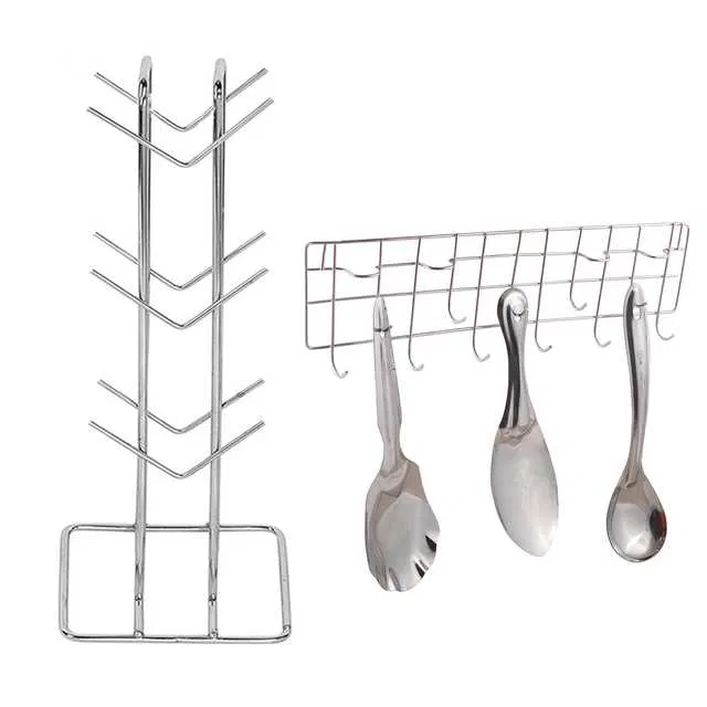 Stainless Steel Cup Stand Cup Holder & Wall Mounted Ladle Stand Hook Rail For Kitchen (Set of 2) (OC-007)