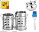 Stainless Steel Twin Cutlery Rack with Oil Container Pot & Oil Brush (Blue & Silver, Set of 3)