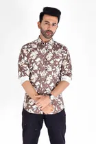 Cotton Blend Printed Shirt for Men, White & Brown 
