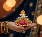 Metal Decoretive Pooja Thali, Multicolour Pack of 1