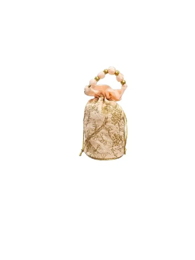 Silk Floral Ethnic Rajasthani Traditional Work Potli with Handle for Return Gifts (Orange)
