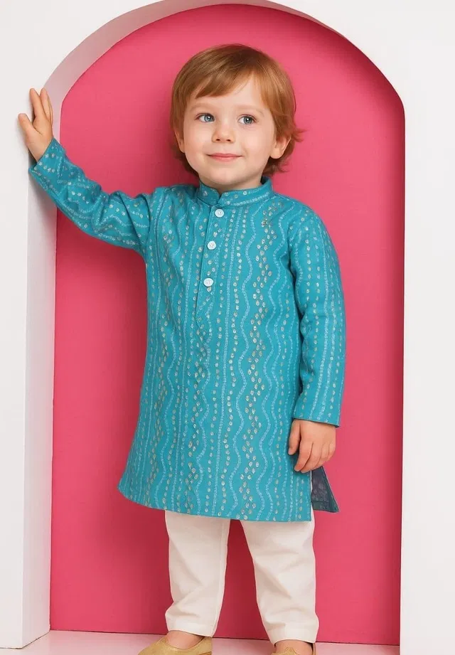 Cotton Blend Printed Kurta with Payjama for Boys, Teal & White (13-14 Years)
