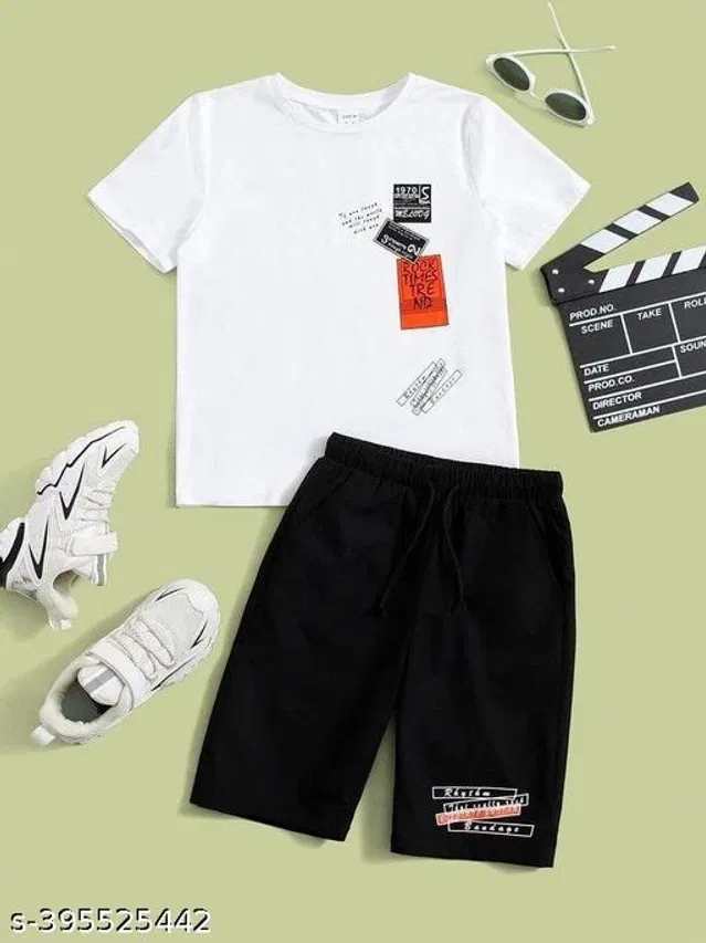 Hosiery Cotton Clothing Set for Boys (White & Black, 3-4 Years)