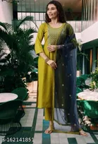 Cotton Blend Embroidered Kurta with Pant & Dupatta for Women 