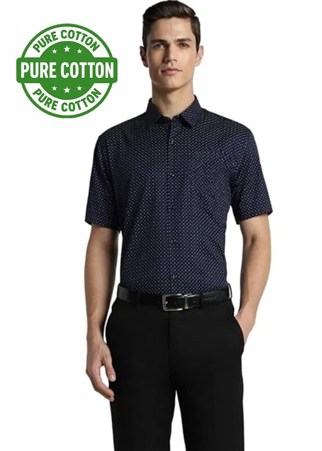100% Cotton Half Sleeves Printed Shirt for Men (Blue, L)