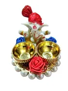 Metal Decorative Ganpati Haldi Kumkum Stand with 2 Roli Chawal Holder, Multicolor