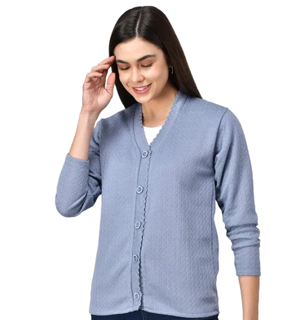 Woolen V-Neck Cardigan Full Sleeve Button-Up Winter Sweater (Free Size- Grey)