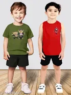 Cotton Blend Printed Clothing Set for Boys, Olive & red, Pack Of 2 