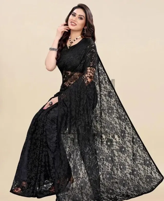 Net Floral Saree for Women (Black, 6.3 m)