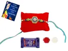 Metal Rakhi with Greeting card, Roli & Chocolate 