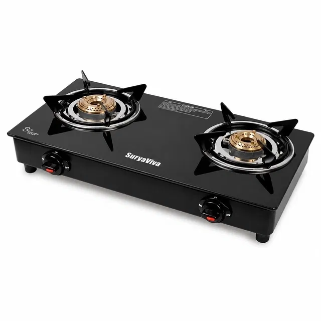 SuryaViva Photon 2B BK Toughened 2 Cast Iron [Black] Glass Manual Gas Stove [2 Burners]