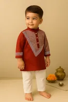 Dupion Silk Printed Kurta with Payjama for Boys, Maroon & White 
