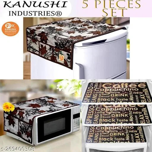 KANUSHI Industries® 1 Pc Fridge Covers/Refrigerator Cover + 1 Pc Microwave/Oven Cover Top + 3 Fridge Mats (Color- Brown)(FRI+Micro-Brown-SHUB+M-26)