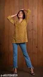 Cotton Printed Short Kurti for Women, Orange 
