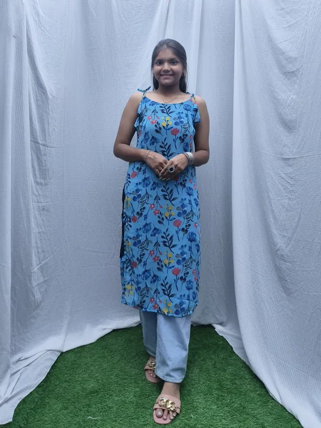 Sleeveless Kurti for Women (Blue, M)