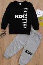 Cotton Blend Printed Clothing Set for Kids, Black & Grey 