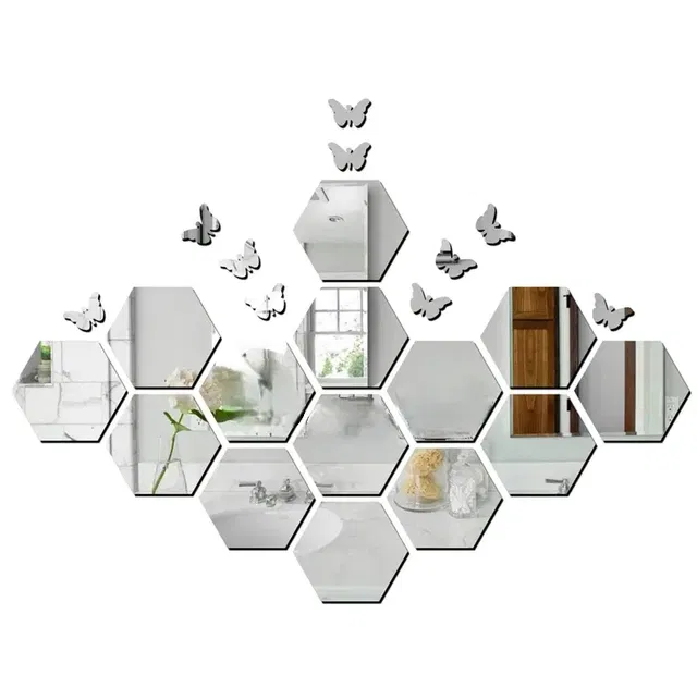 Mirror Sticker 14pcs hexagon (12x10cm) 10 buterfly (4x3.5cm)