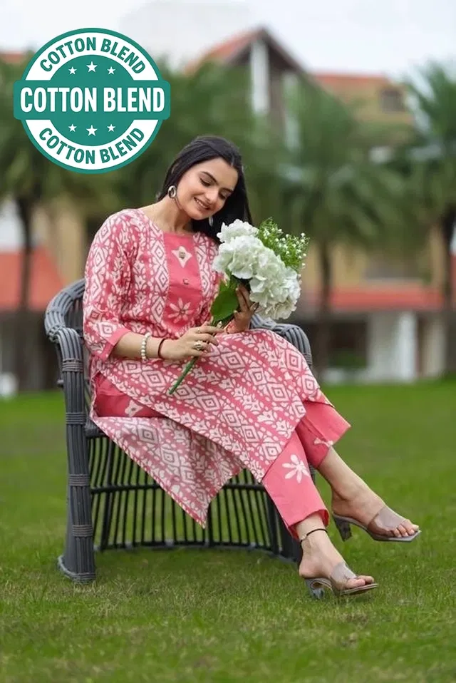 Cotton Printed Women's Kurta with Pant Set (Pink, L)