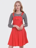 Cotton Blend Striped Dress for Women (Red, M)