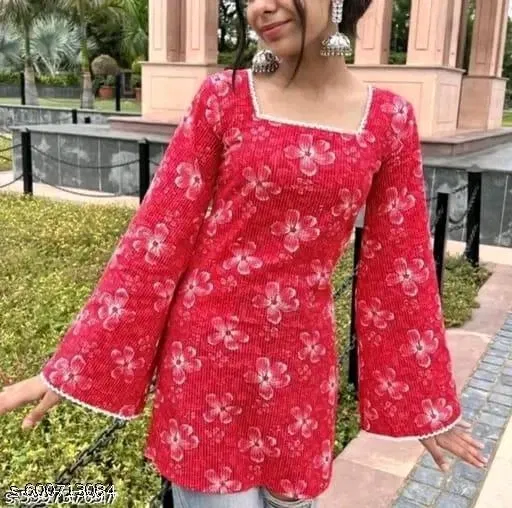 Rayon Printed Short Kurti for Women, Red (S)