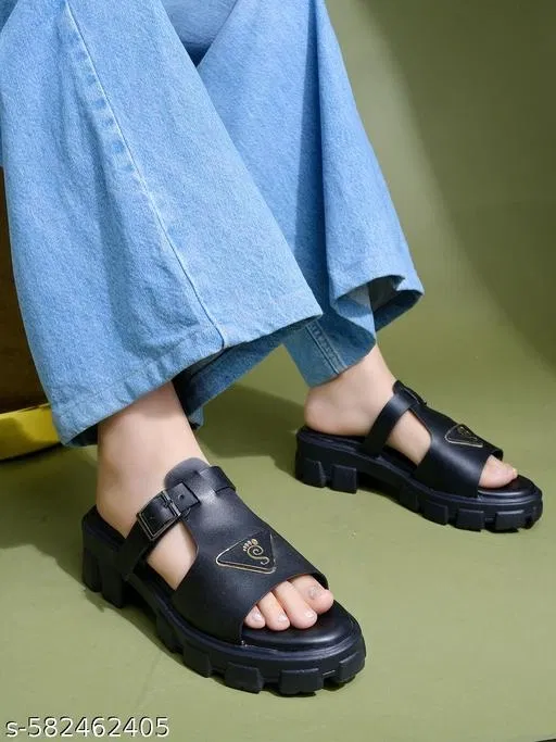 Shoetopia Black Solid Heel Sandals (Size IND-8)