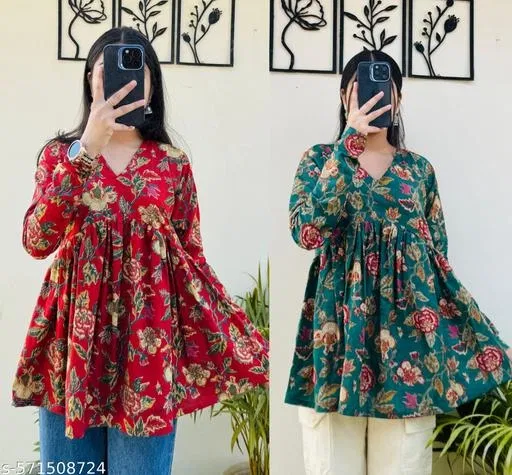 Cotton Short Kurti for Women, Pack of 2 (Maroon, L)