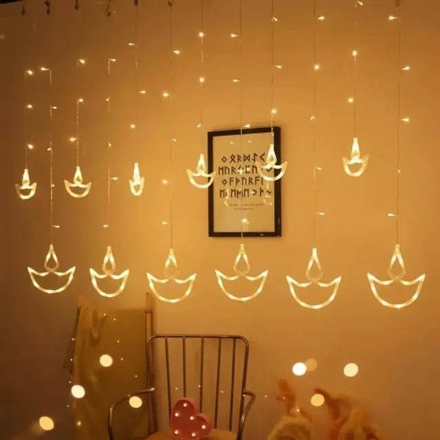 Diya LED Curtain Diya Shaped Lights with 8 Flashing Modes (Warm YellowColor, 2.5 m) 12 Diyas Hanging Decoration/Diwali Lights