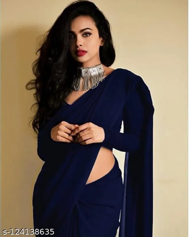 Georgette Solid Saree for Women (Navy Blue, 6.3 m)