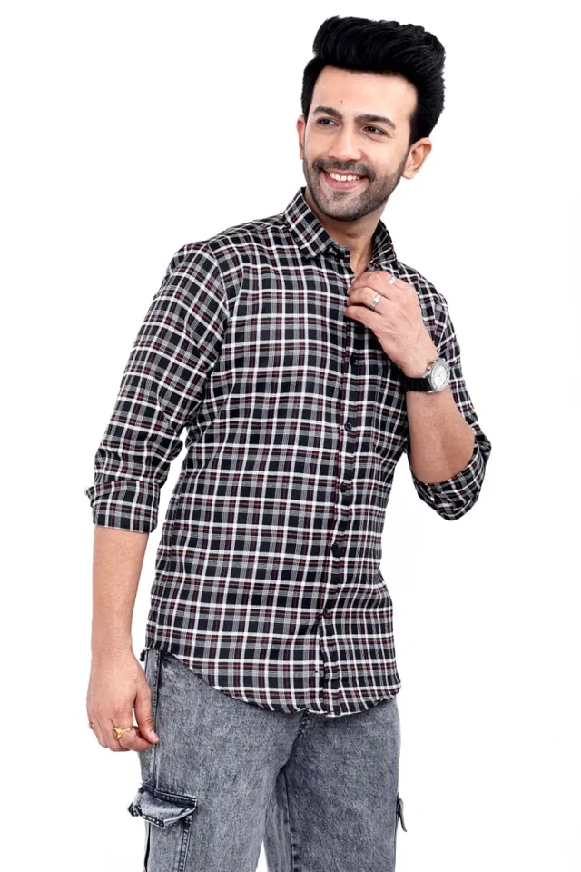 Cotton Blend Checked Shirt for Men, Black (XXL)