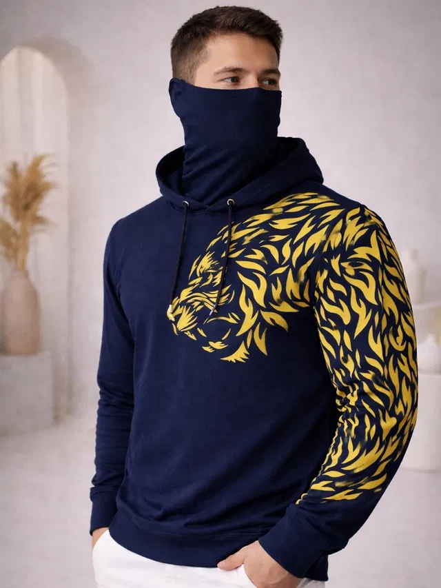 Hooded Printed Cotton Blend T-shirt for Men (Navy Blue, XXL)