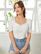 Women's Korean sweetheart neck with puff sleeve top (White) - XXL (Pack of 1)