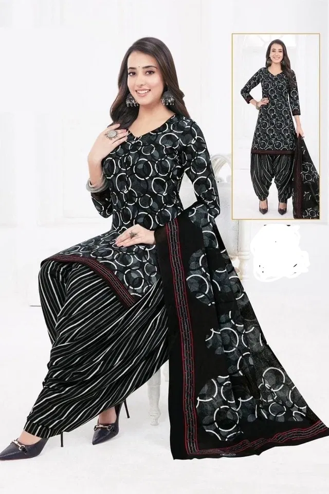 Crepe Floral Punjabi Suits for Women (Black, Black)