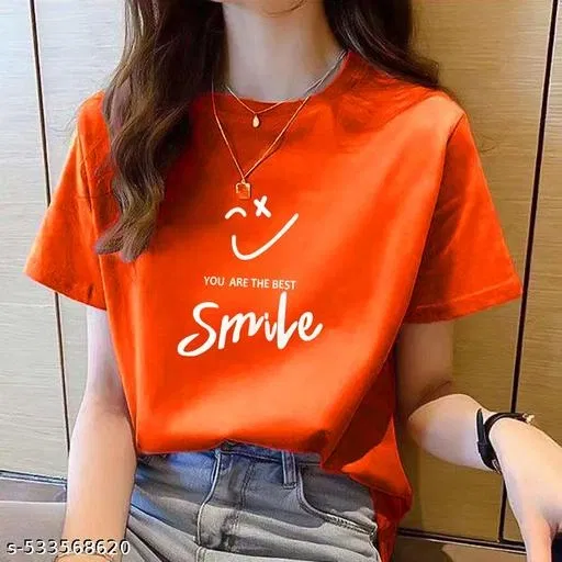 Cotton Blend Printed T-Shirt for Women, Orange (L)