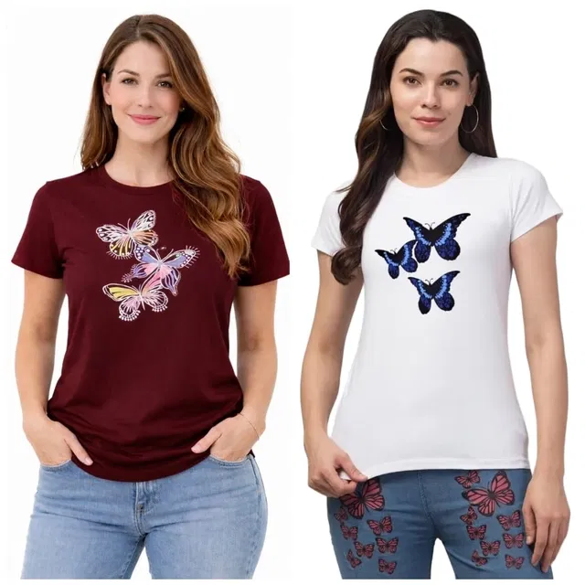 Cotton Blend T-shirt for Women, White & Maroon, Pack of 2 (XL)