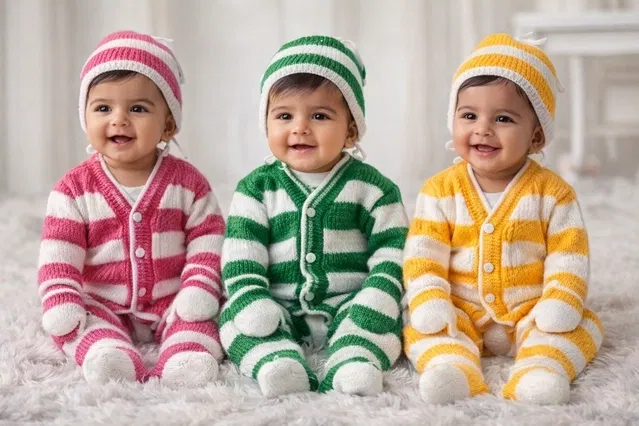 Woolen Clothing Set for Kids (Multicolor, 0-3 Months) (Set of 3)