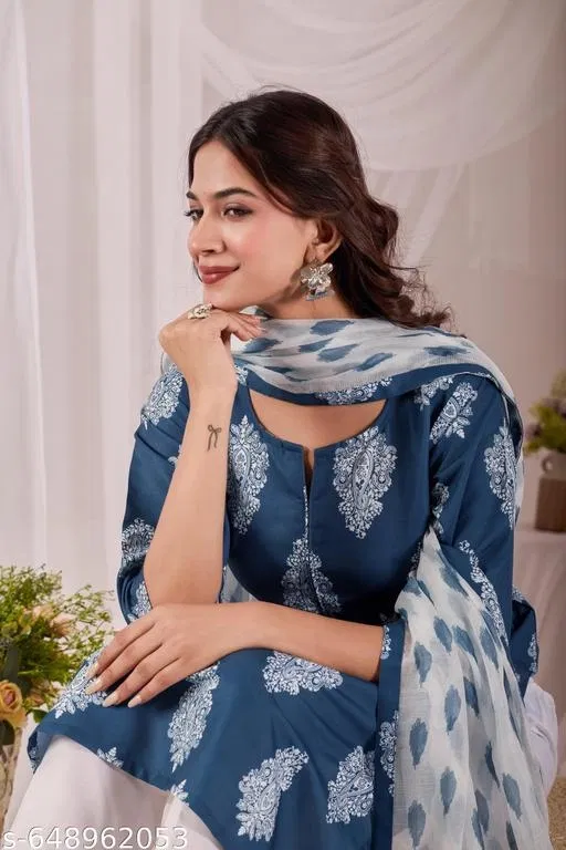 Kurta Set for Women (Navy Blue, L)