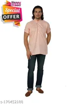 Dupion Silk Printed Short Kurta for Men (Peach, S)