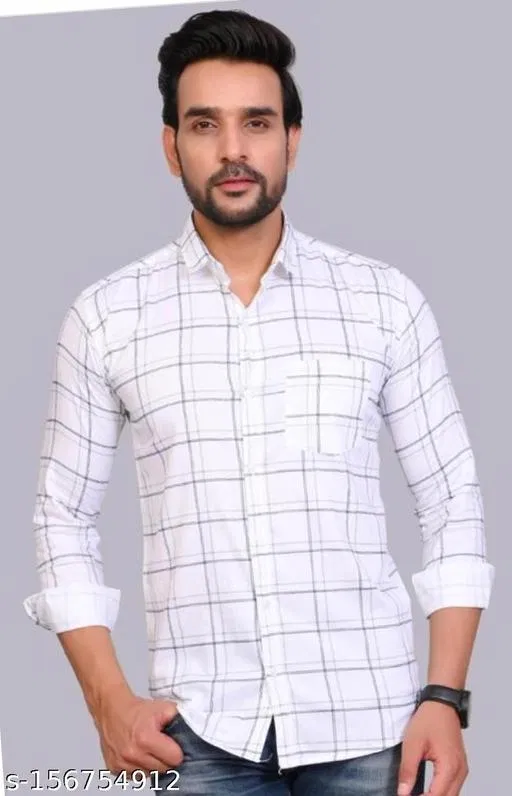 Cotton Blend Checkred Shirt for Men, White (XL)