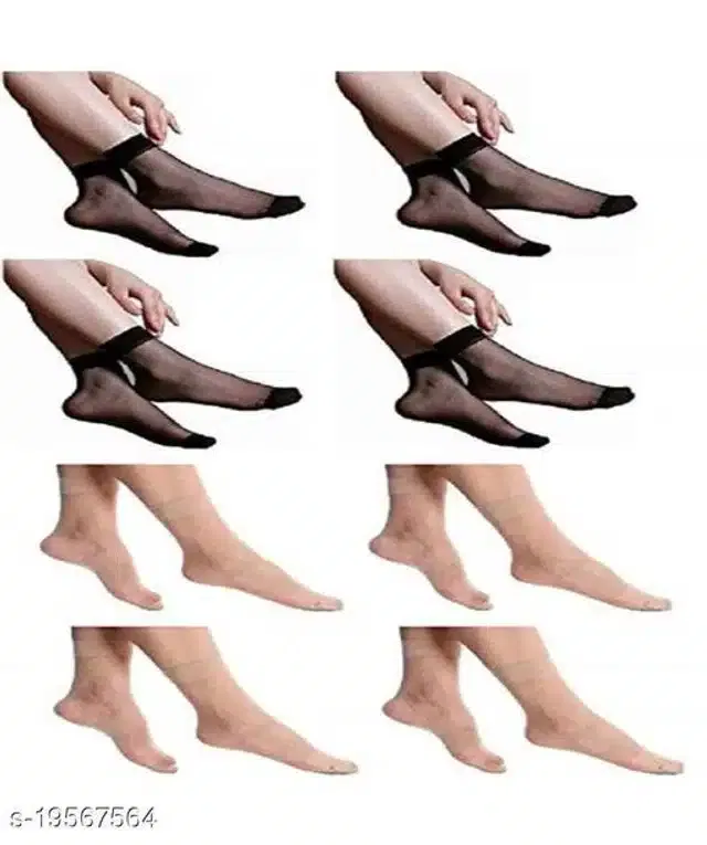 Nylon Socks for Women (Black & Beige, Pack of 8)