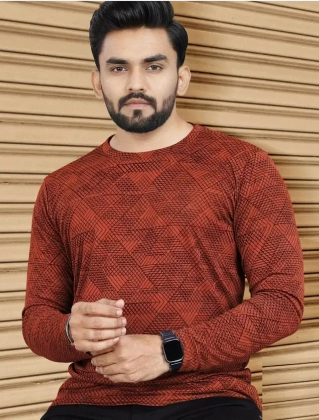 Abstract Printed Round Neck Polyester T-Shirt for Men (Rust, L)