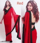 Georgette Solid Saree for Women, Red 