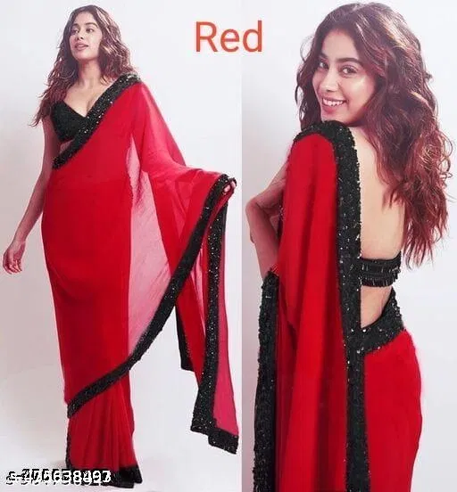 Georgette Solid Saree for Women, Red (6.3 m)