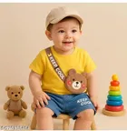 Hosiery Cotton & Denim Printed Clothing Set for Kids, Yellow & Blue 