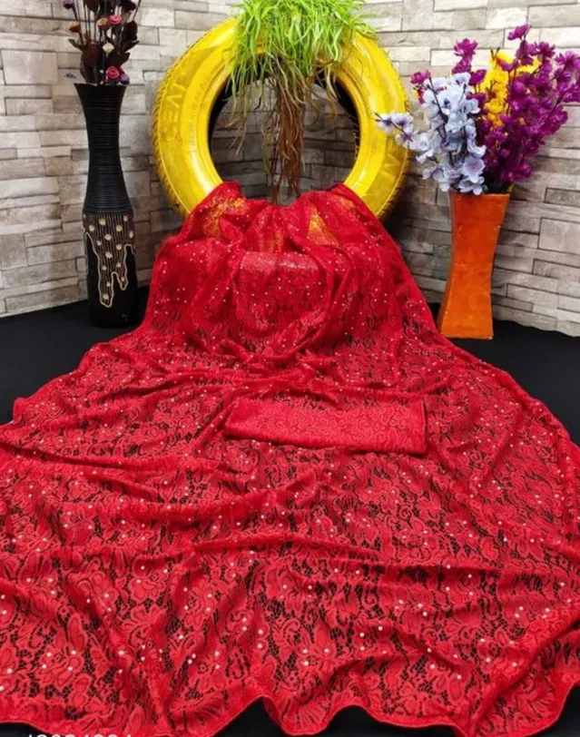 Net Solid Saree for Women (Red, 6.3 m)