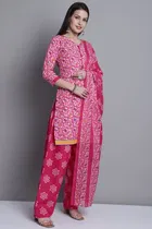 Cotton Blend Floral Kurti with Pant & Dupatta for Women 