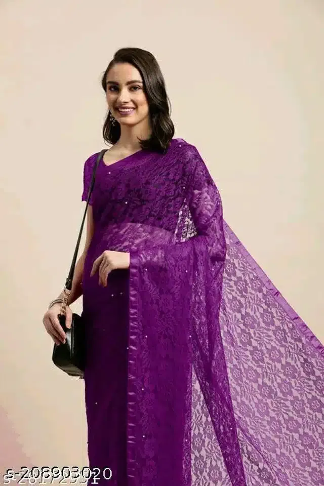 Net Saree for Women (Purple, 6.3 m)
