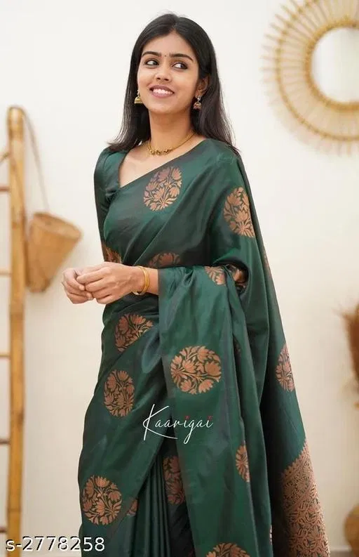 Fancy Banarasi Jacquard Silk Saree for Women (Green, Free Size)