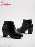 Shoetopia Solid Synthetic Block Heel Boots Black 