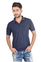 Poly Cotton Solid Polo Neck T-Shirt for Men, Navy Blue 