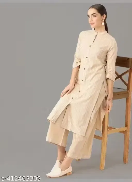 Cotton Striped Kurta With Palazzo for women (Beige) (XL)